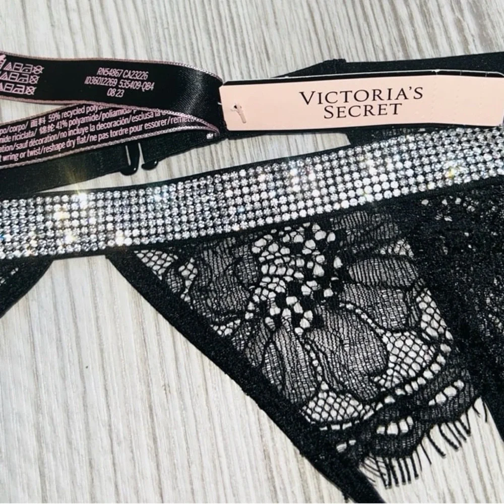💎VS Very Sexy Black Lace Bling Push Up Bra With Matching Garter Belt Set NWT✨